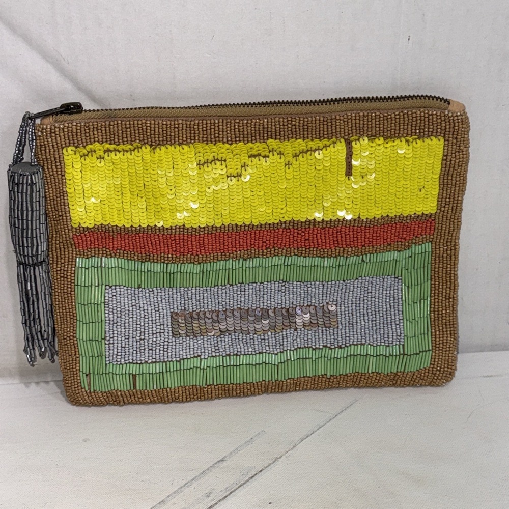Anthropologie Jasper & Jeera Y2K Gold Silver Sequin Beaded Clutch Evening Bag